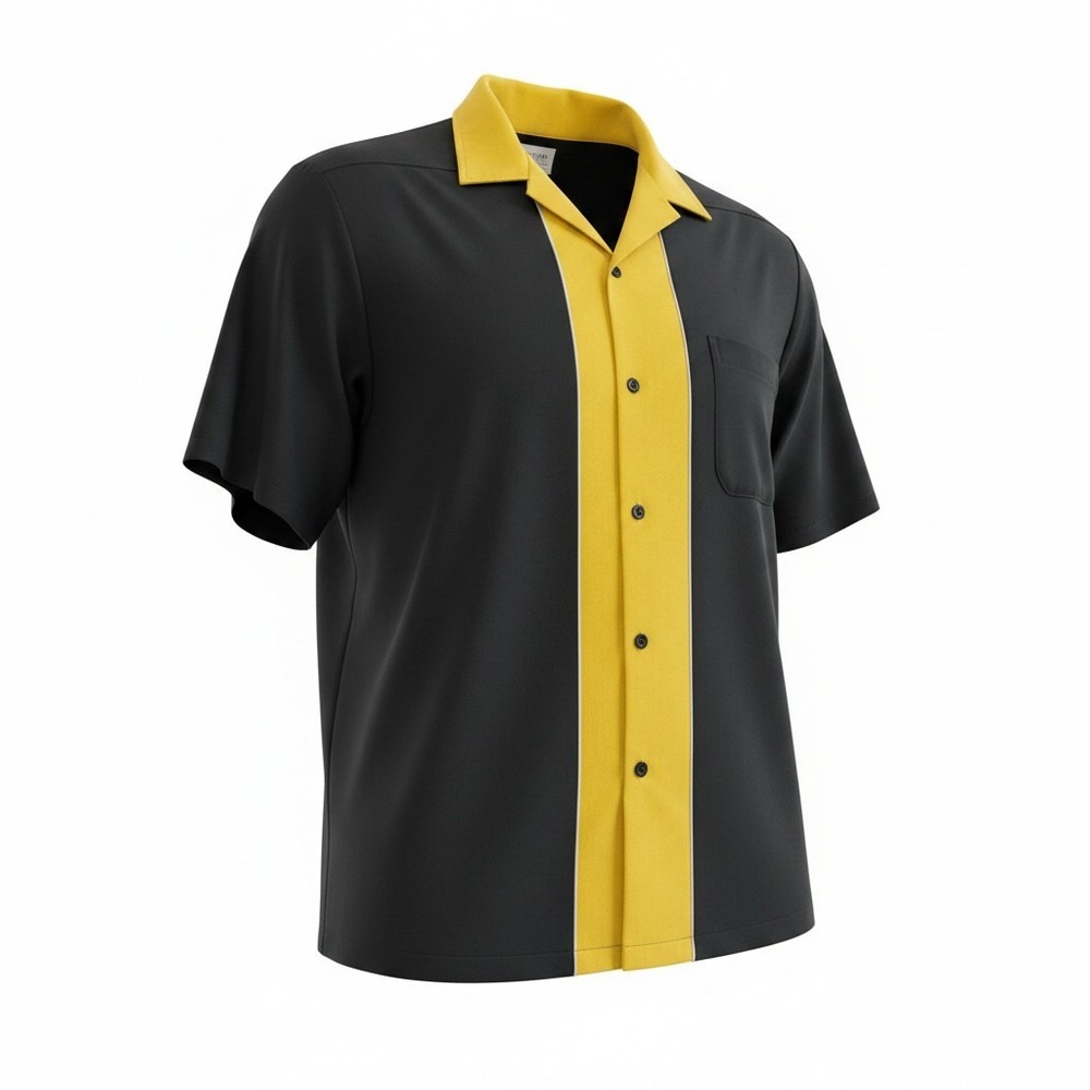 Cruisin USA Mens Bowling Shirt Large Black Yellow Colorblock Retro Rockabilly LG